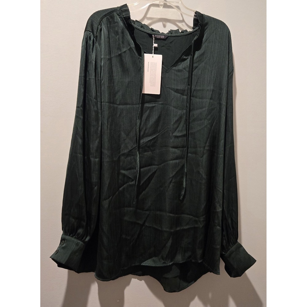 Bloomchic Womens‎ Plus Size Top US 22-24 Forest Green Tie Neck Long Sleeve NWT